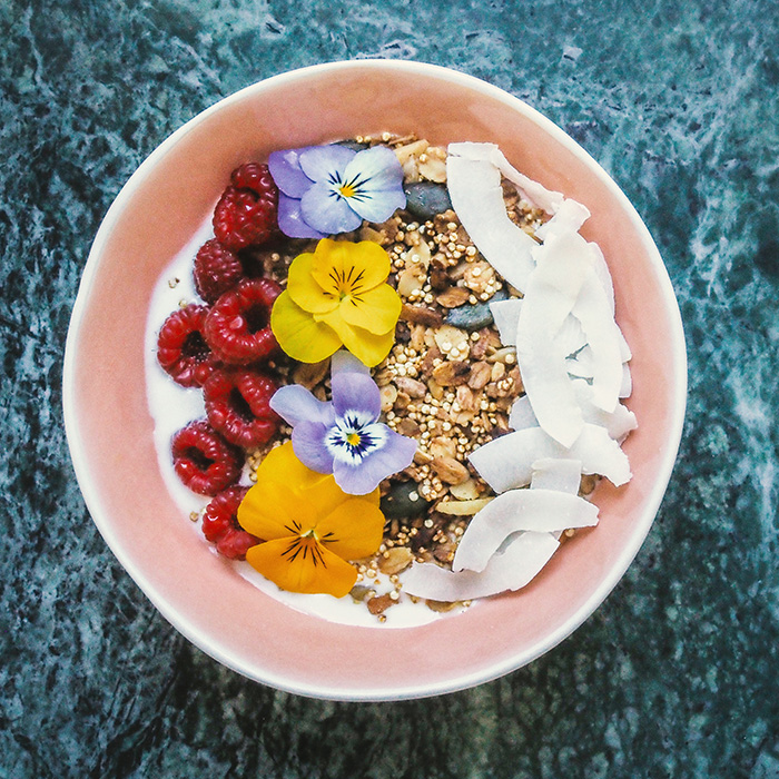 bowl with fruits and cereals 
